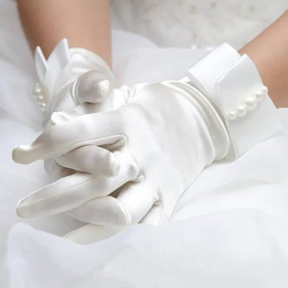 Wedding Bridal Short Gloves White Bow Stretch Satin Evening Party Opera Prom